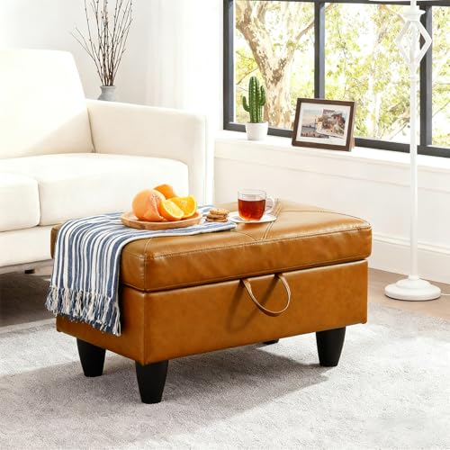 Leather Storage Ottoman Footstool Bench for Living Room Furniture,28.5" Large Square Foot Rest Stool Coffee Table,Leather Sofa Chair for Home Decor,Living Room,Bedroom,Apartment,Rv Car(Ginger) - color: Ginger 28.5