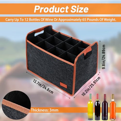 2 Pack 12 Bottle Wine Tote Bag Insulated Thermal Padded Collapsible Wine Carrier with Handles Reusable Felt Storage Box for Travel, Picnic, Party (Dark Gray)