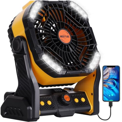 WESTTREE 20000mAh Camping Fan with LED Lantern USB Tpye C Rechargeable Battery Operated Outdoor Tent Fan with Light & Hook, 270° Pivot 4 Speeds, Personal USB Desk Fan for Camping Yellow X26A - color: X26A Yellow