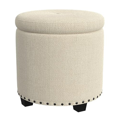 HomePop 18.5" Round Storage Ottoman with Nailheads - Cream Woven - color: Cream Woven