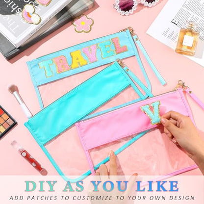 Sanwuta 3 Pcs Sunscreen Bag Clear Flat Zipper Pouch, Summer PVC Waterproof Zipper Makeup Bag, Chenille Letter Snack Travel Cosmetic Tote Pouch Set for Beach Women Teacher Gifts(Pink, Green, Blue) - color: Pink, Green, Blue