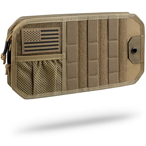 WYNEX Molle Car Sun Visor Organizer, Car Accessories with Zip Storage Pouch & Glasses Holder, Semi-Rigid Molle Panel with Patch for Tactical Gears, Fits Most Cars, Trucks, Pickups, Patrols - color: Khaki