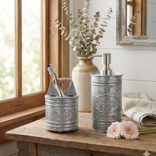 Autumn Alley Farmhouse Toothbrush Holders for Bathrooms - Rustic Galvanized Tooth Brush Holder - Farmhouse Bathroom Accessories Country Decor, Toothpaste & Electric Kids Toothbrush Compartment, Grey