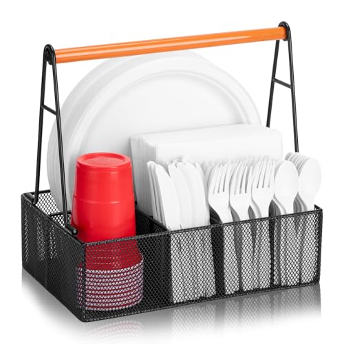 Paper Plate Organizer with Handle for Countertop, Metal Silverware Caddy for Cups, Napkins, Paper Plate and Utensil Holder, Cutlery Caddy for Party, Camping, Picnic (Black)