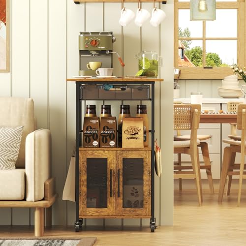3 Tier Slim Rolling Coffee Cart with 2-Door & Pull-Out Wire Basket Drawer, Coffee Bar Cabinet on Lockable Casters, 32.7" H Microwave Cart with Storage for Home, Kitchen, Dining Room (Rustic Brown) - size: Medium