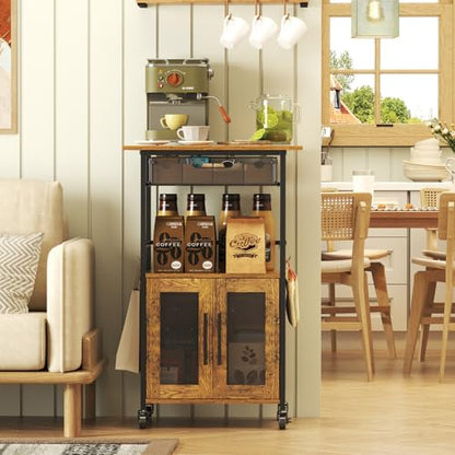 3 Tier Slim Rolling Coffee Cart with 2-Door & Pull-Out Wire Basket Drawer, Coffee Bar Cabinet on Lockable Casters, 32.7" H Microwave Cart with Storage for Home, Kitchen, Dining Room (Rustic Brown) - size: Medium