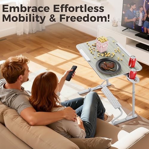 FoldWise Upgraded Folding TV Tray Table - Extra Large & Sturdy Laptop Table for Couch, Height & Angle Adjustable Desk for Dinner, Work & TV - Includes Footrest, Cup Holder, iPad Holder & Edge Stopper - color: (White) - Bright Wood