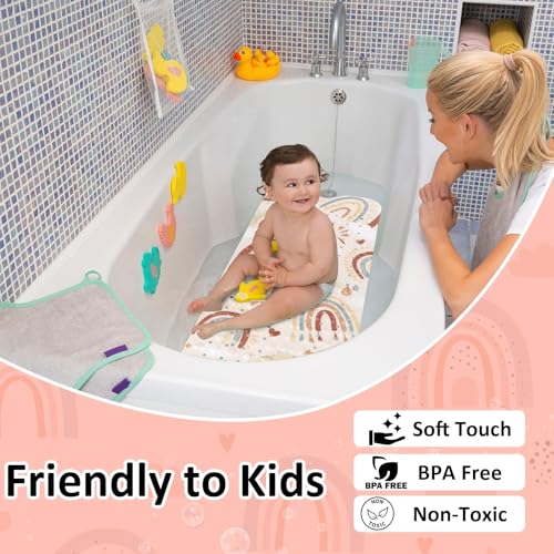 Topotdor Baby Bathtub Mat Non Slip for Kids, 40 X 16 Inch Cute Cartoon Bath Tub Shower Mat Anti Slip with Suction Cups & Drain Holes, Boho Rainbow - color: Boho Rainbow