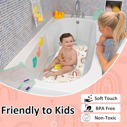 Topotdor Baby Bathtub Mat Non Slip for Kids, 40 X 16 Inch Cute Cartoon Bath Tub Shower Mat Anti Slip with Suction Cups & Drain Holes, Boho Rainbow - color: Boho Rainbow