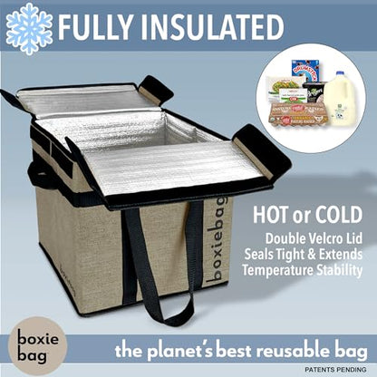 Boxiebag Reusable Grocery Bag (Single) – Durable Reusable Shopping Bag Box. Insulate, Stand Up, Stay Open, Fold Flat – Large Tote Bag with Long Handles & Reinforced Bottom.