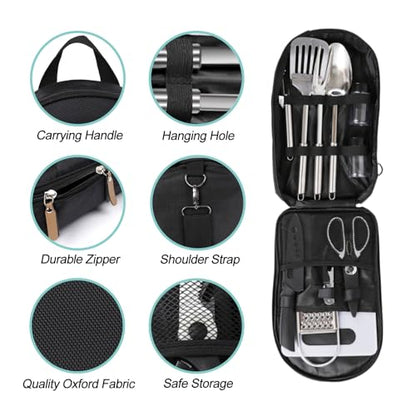 12-Piece Camping Kitchen Utensil Set – Portable Outdoor Cooking Utensils for Camping, RV, Backpacking & BBQ | Complete Camp Kitchen Gear Set with Carry Bag, Grilling Tools & Cooking Accessories - style: Black-12