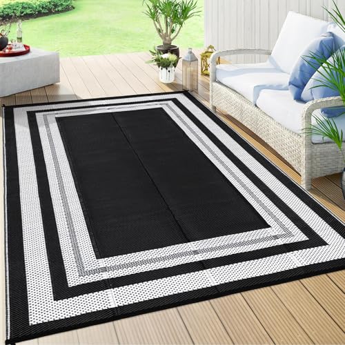 Patio Modern Border Outdoor Rug 10x14 Waterproof Large Reversible Camping Mat Foldable Lightweight Plastic Straw Outdoor Rug for Deck, Picnic, Porch, Camper, Balcony, Beach, Rv，Black/White - color: Border3 - Black/White, size: 10' x 14' (Rectangular)