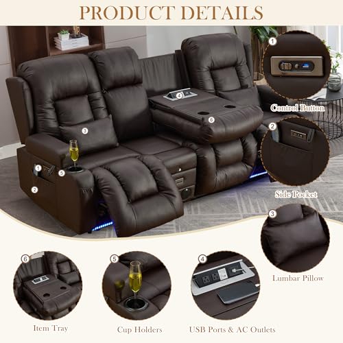 TUNYI Power Loveseat Recliner Sofa with Massage & Heat Home Theater Seating with Console RV Recliner Loveseat Sofa with USB/Storage/Side Pocket/LED Light/Speaker (Brown, 3 Seat with Console) - color: Brown, size: 3 Seat with console
