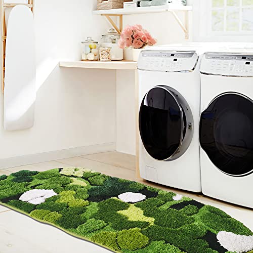 Hifuwan Cute Green Moss Bathroom Runner Rug Long Rectangular Boho Aesthetic Leaf Leaves Bath Mat Shaggy Non Slip Absorbent Shower Mat Decor - size: 1'8" x 3'7" (Rectangular)
