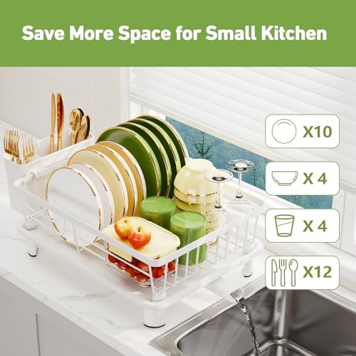 Dish Drainer Rack with Drip Tray, Sink Dish Drainer with Drainage Spout, Stainless Steel Dish Drying Rack with Cups, Utensil & Cutting Board Holders for Kitchen Counter Space-Saving, White - color: White