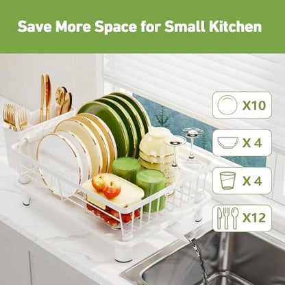Dish Drainer Rack with Drip Tray, Sink Dish Drainer with Drainage Spout, Stainless Steel Dish Drying Rack with Cups, Utensil & Cutting Board Holders for Kitchen Counter Space-Saving, White - color: White