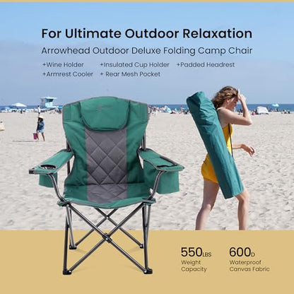 ARROWHEAD OUTDOOR Deluxe Folding Camp Chair – 550lb Capacity Heavy-Duty Quad Chair with Integrated Cooler, Headrest, and Dual Cup Holders. - color: Emerald