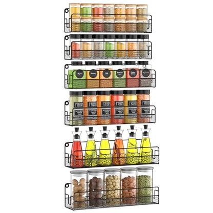 Wall Mounted Spice Rack Organizer, Pantry Door Organizer & Hanging Storage Baskets, Metal Spice Shelf for Kitchen Cabinet, 3 Depth Sizes Hold Large Jars to Nail Polish Bottles, 6 Pack - size: 6 Tier