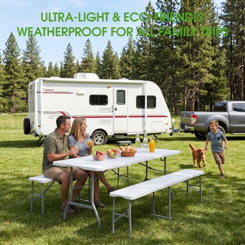 HLPB Folding Table Picnic Table Set, 6 ft Camping Table with 2 Benches, Outdoor Indoor Portable Folding Furniture for Working Meeting Party, Camping, Picnic, Weddings w/Handle and Safety Locks, White