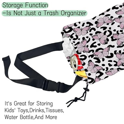 Butterfly Car Garbage Bag,Leopard Waterproof Small Car Trash Bag Hanging Back of Seat,Drawstring Hanging Car Trash Bag with Adjustable Buckle for Car Accessories - color: Butterfly