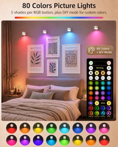 Picture Lights for Wall, 2000mAh Rechargeable Magnetic Art Lights with 3 Color Temps & RGB, Remote Dimmable Battery Operated Wall Light for Bedroom, Living Room, Gallery (White, 6 Pack) - color: White
