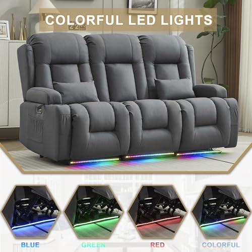 URRED Power Loveseat Recliner Sofa with Massage and Heat, Wall Hugger Reclining Loveseat with Console, RV Couch Home Theater Seating with LED Lights for Living Room (Blue Grey, 76.8" - 3 Seats) - color: Blue Grey, size: 76.8" - 3 Seats