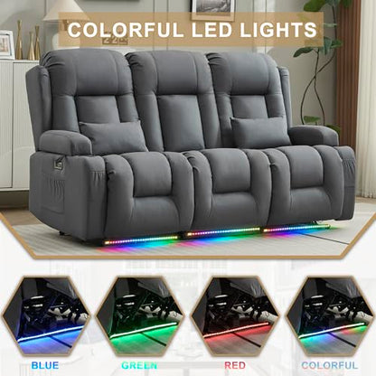 URRED Power Loveseat Recliner Sofa with Massage and Heat, Wall Hugger Reclining Loveseat with Console, RV Couch Home Theater Seating with LED Lights for Living Room (Blue Grey, 76.8" - 3 Seats) - color: Blue Grey, size: 76.8" - 3 Seats
