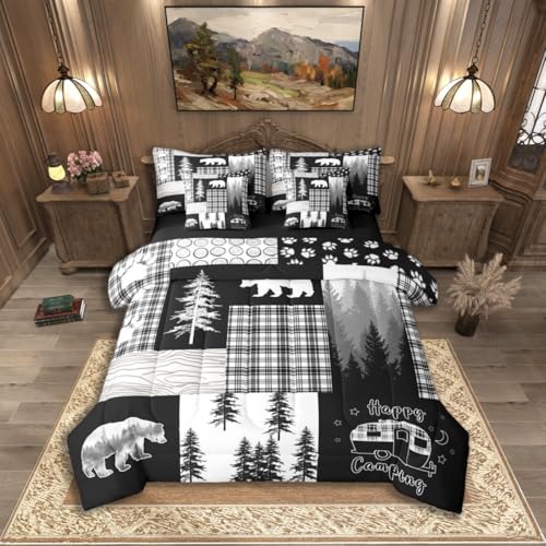 Erosebridal 7Pc Rustic Cabin Lodge King Bedding Sets, Black Bear Farmhouse Comforter Set with Sheets, Camping RV Camper Quilts Retro Grey Buffalo Plaid Patchwork Bed in a Bag (Fitted + Flat Sheet) - color: Grey and Black, size: King