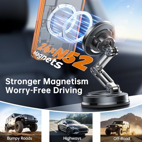 SYNCWIRE for MagSafe Car Mount, [3-Axis Adjustable] Vacuum Magnetic Phone Holder, Replaceable Suction Cup (Dashboard/Windshield), 360° Rotation, Foldable, for iPhone 17-12 Pro/Max/Plus, Carbon-Fiber - color: Carbon Fiber