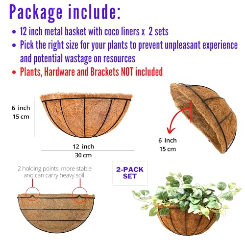 LaLaGreen Wall Hanging Planters (12 Inch, 2 Pack) Wall Mounted Flower Baskets with Coco Liner, Metal Iron Wire Plant Holder for Outdoor Window Box Herb Outside Fence Railing Deck Porch Balcony Garden