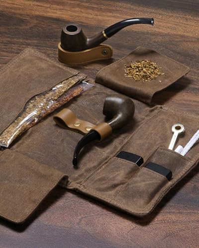 BS-VOG Waxed Canvas Tobacco Pouch for 2 Pipes, Smoking Tobacco Pipe Pouch with Foldable Stand, Smoking Case Bag Accessories Storage Organizer for Travel, Daily Use & Gift (Pipes Not Included)
