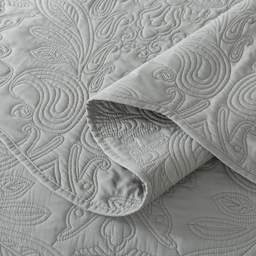 HoneiLife Quilt Set Queen Size - 3 Piece Queen Quilt Bedding Set Microfiber Quilt Sets Lightweight Bedspreads Reversible Coverlets Retro Bed Cover Floral Bedding Set All Season Quilts-Light Grey - color: Grey, size: Queen/Full-90"x96"