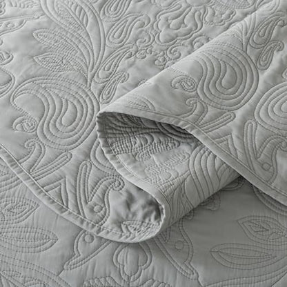 HoneiLife Quilt Set Queen Size - 3 Piece Queen Quilt Bedding Set Microfiber Quilt Sets Lightweight Bedspreads Reversible Coverlets Retro Bed Cover Floral Bedding Set All Season Quilts-Light Grey - color: Grey, size: Queen/Full-90"x96"
