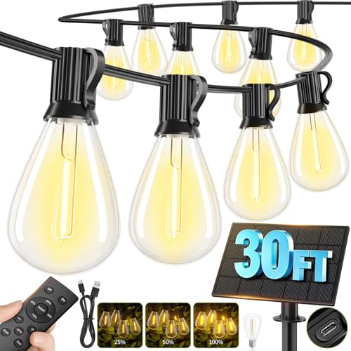 30FT Solar String Lights Outdoor Waterproof, 10+1 LED Solar Powered Lights with Remote Control, 3 Light Modes & Dimmable, USB-C Charging for Patio, Backyard, Garden, Camping - size: 30FT+Remote