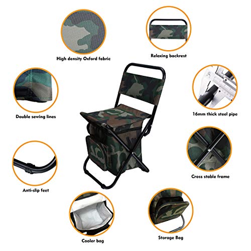 LEADALLWAY Fishing Chair with Cooler Bag Compact Fishing Stool Foldable Small Hunting Chair 12.2" Seat Depth,12.6" Seat Width - color: Camouflage