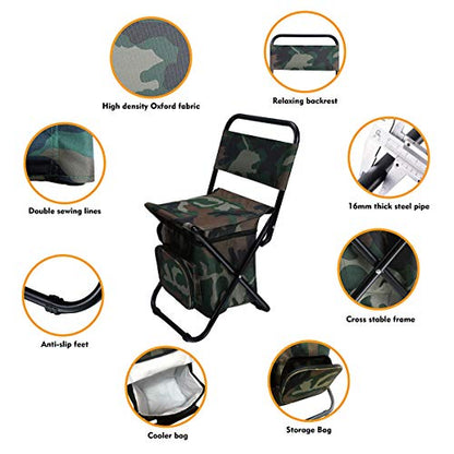 LEADALLWAY Fishing Chair with Cooler Bag Compact Fishing Stool Foldable Small Hunting Chair 12.2" Seat Depth,12.6" Seat Width - color: Camouflage