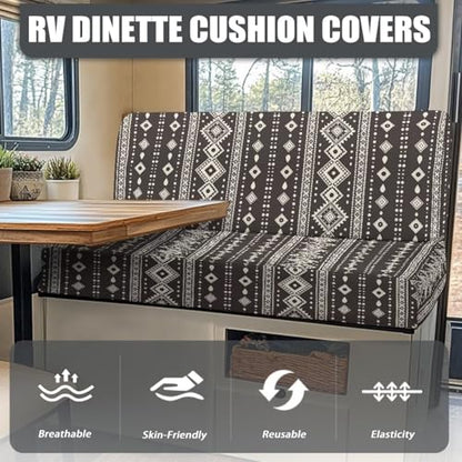 Black Ethnic Print RV Dinette Cushions Covers RV Sofa Furniture Protector for RV Camper Car Bench with 1 Backrest & 1 Bench Cover, Washable - color: Black Ethnic Print