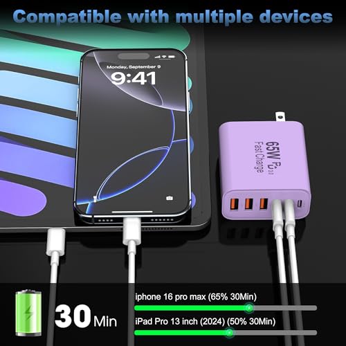 65W USB C Charger Block,6-Port Multi Device Fast Charger PD QC Wall Adapter | GaN technology saves space and reduces heat,ideal for home,office,travel,wide compatibility for iphone & USBC devices（Purple - color: Purple