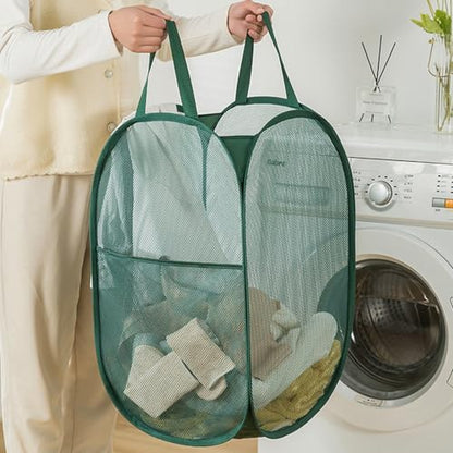 2Pack Collapsible Laundry Basket with Side Pocket, Mesh Pop Up Hamper Portable Carrying Handle, Cruise Room Storage Basket (Beige+Green) - color: Beige+Green