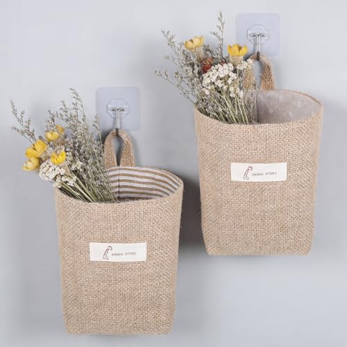2 Pack Hanging Basket for Door, Small Jute Wall Storage, Hanging Storage Bags Cotton Linen Boho Camper Decor for Keys, Flower Plants, Wallet
