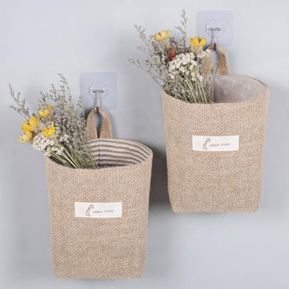 2 Pack Hanging Basket for Door, Small Jute Wall Storage, Hanging Storage Bags Cotton Linen Boho Camper Decor for Keys, Flower Plants, Wallet