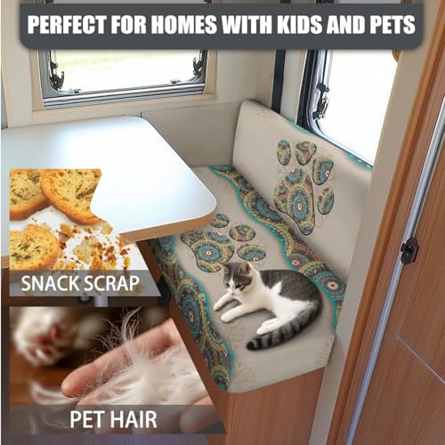 Boho Mandala Dog Paw Print 3 Pcs RV Dinette Cushion Covers Stretch Camper Cushion Slipcover Sofa Furniture Protector Include 1 Backrest Cover 1 Bench Cover and 1 Pillowcase - color: Boho Mandala Dog Paw