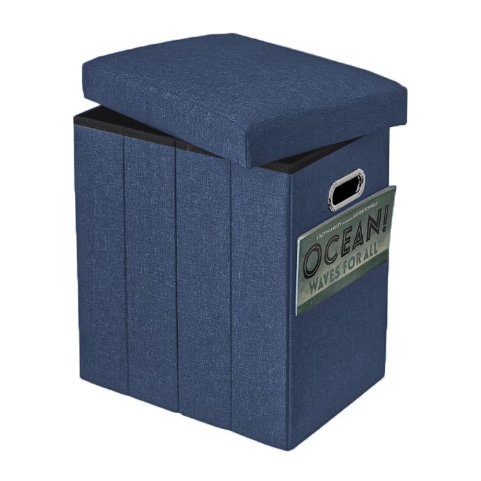 Tall Ottoman with Storage Collapsible Fabric Small Slim Folding Ottoman Furniture with Handles Lid for Room Footrest Foot Stool Linen Navy Blue 16.5x16.5x11.8in - color: Navy Blue