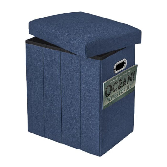 Tall Ottoman with Storage Collapsible Fabric Small Slim Folding Ottoman Furniture with Handles Lid for Room Footrest Foot Stool Linen Navy Blue 16.5x16.5x11.8in - color: Navy Blue