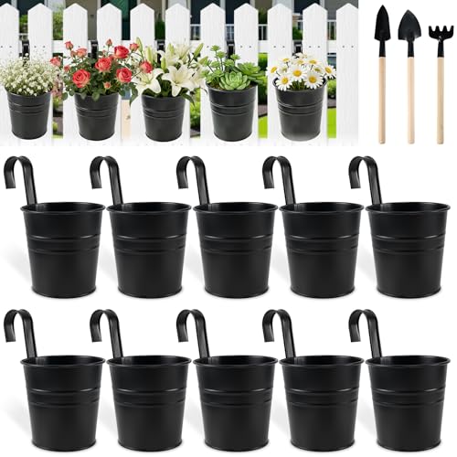 10 Pack Hanging Flower Pots Metal Iron Bucket Planter Railing Planter Flower Holder for Railing Fence Balcony Garden Home Decoration with Detachable Hooks,Black,4 Inches