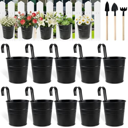 10 Pack Hanging Flower Pots Metal Iron Bucket Planter Railing Planter Flower Holder for Railing Fence Balcony Garden Home Decoration with Detachable Hooks,Black,4 Inches