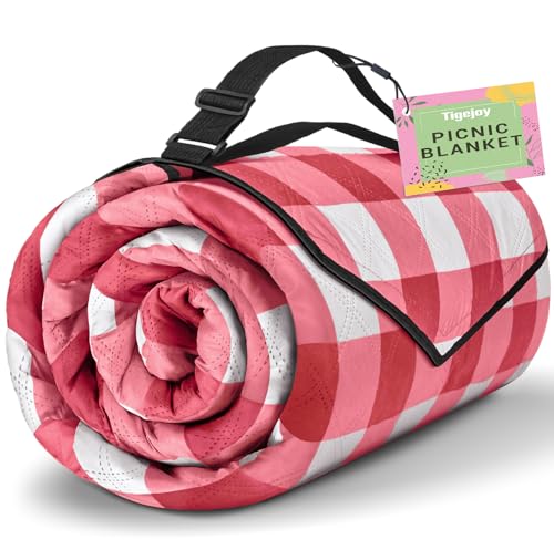 TigeJoy Extra Large Picnic Blanket Waterproof Foldable 80''x100'', Outdoor Picnic Mat Beach Blanket Sandproof for Park, Grass, Travel, Hiking, Camping Essentials, Gingham Picnic Blanket - color: Red, size: 6'8" x 8'4" (Rectangular)