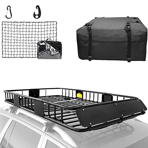 XCAR 64"x 39"x 4" Universal Roof Rack Basket Black with 3' x 4' Cargo Net and Rooftop Cargo Carrier Bag 15 Cubic ft - Car Top Luggage Storage Holder Baskets for SUV Truck Vehicle - size: Roof rack + Bag + Net