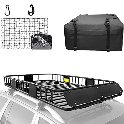 XCAR 64"x 39"x 4" Universal Roof Rack Basket Black with 3' x 4' Cargo Net and Rooftop Cargo Carrier Bag 15 Cubic ft - Car Top Luggage Storage Holder Baskets for SUV Truck Vehicle - size: Roof rack + Bag + Net