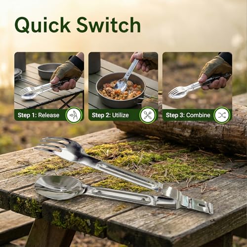 3-in-1 Camping Utensil Set with Spoon, Fork, Stainless Steel, Combining a Spoon and Fork into Portable Cooking Tongs, Lightweight Suitable for Campers, Hikers, and Explorers (2 Pack) - size: 2PK